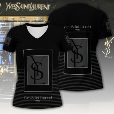 YSL Dark Black Luxury Women V-neck T-shirt VNL1099