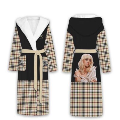 Burberry Established 1856 Billie Eilish Pattern Luxury Unisex Flannel Hooded Bathrobe