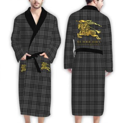 Burberry Gold Logo Grey Pattern Luxury Bathrobe