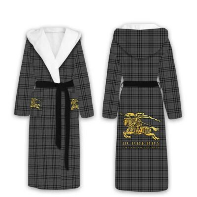 Burberry Gold Logo Grey Pattern Luxury Unisex Flannel Hooded Bathrobe