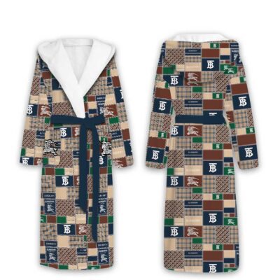 Burberry Logo Blue Green Pattern Luxury Unisex Flannel Hooded Bathrobe