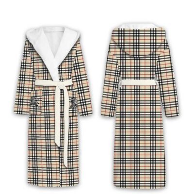 Burberry Pattern Luxury Unisex Flannel Hooded Bathrobe