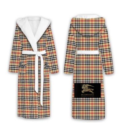Burberry Red Pattern Luxury Unisex Flannel Hooded Bathrobe
