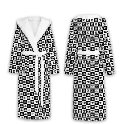 Chanel Black White Checkered Pattern Luxury Unisex Flannel Hooded Bathrobe