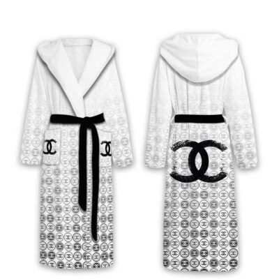 Chanel Circle Logo White Luxury Unisex Flannel Hooded Bathrobe