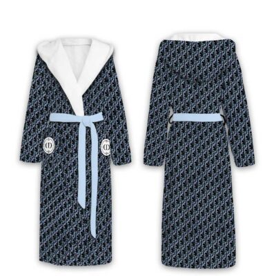 Dior Dark Blue Pattern Luxury Unisex Flannel Hooded Bathrobe