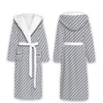 Dior Logo Pattern Luxury Unisex Flannel Hooded Bathrobe
