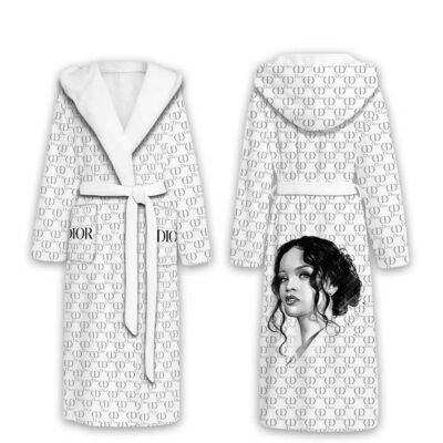 Dior White Pattern Robyn Rihanna Luxury Unisex Flannel Hooded Bathrobe