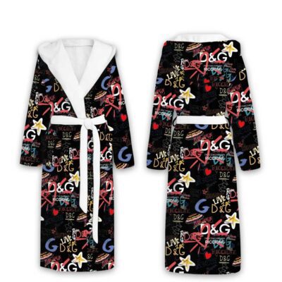 Dolce & Gabbana Black Graffiti Pattern Luxury Unisex Flannel Hooded Bathrobe