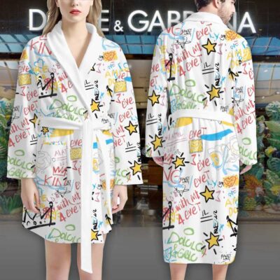 Dolce Gabbana White Graffiti Pattern Luxury Bathrobe 2