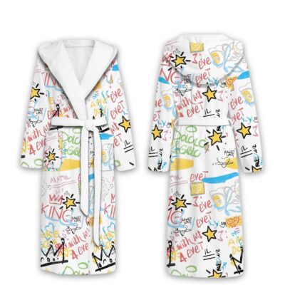 Dolce & Gabbana White Graffiti Pattern Luxury Unisex Flannel Hooded Bathrobe