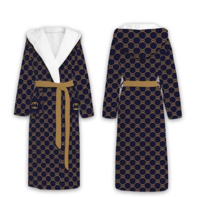 Gucci Blue Gold Pattern Luxury Unisex Flannel Hooded Bathrobe