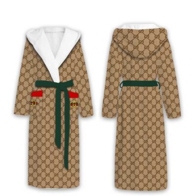 Gucci Brown Pattern Luxury Unisex Flannel Hooded Bathrobe