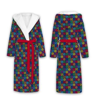 Gucci Color Rainbows Pattern Luxury Unisex Flannel Hooded Bathrobe