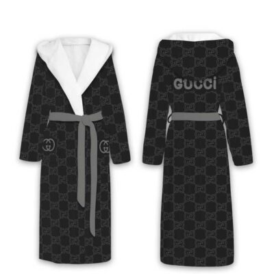 Gucci GG Grey Pattern Luxury Unisex Flannel Hooded Bathrobe