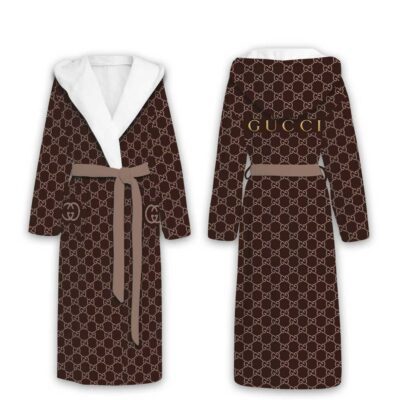 Gucci Gold Brown Pattern Luxury Unisex Flannel Hooded Bathrobe