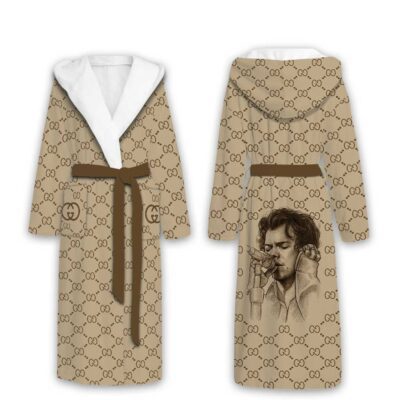Gucci Harry Styles Brown Pattern Luxury Unisex Flannel Hooded Bathrobe