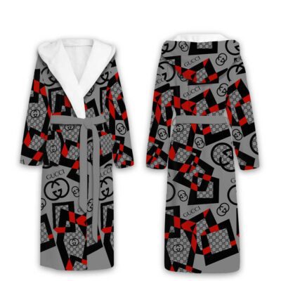 Gucci Red Black Pattern Luxury Unisex Flannel Hooded Bathrobe