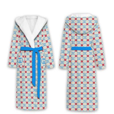 Gucci Red Blue Pattern Luxury Unisex Flannel Hooded Bathrobe