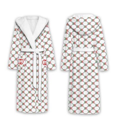 Gucci Red Green Pattern Luxury Unisex Flannel Hooded Bathrobe