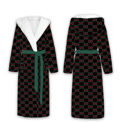 Gucci Red Green Pattern Luxury Unisex Flannel Hooded Bathrobe