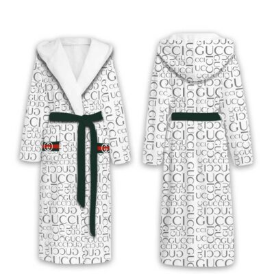 Gucci White Pattern Luxury Unisex Flannel Hooded Bathrobe
