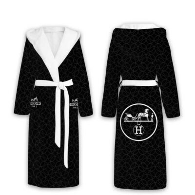 Hermes Black Circle Pattern Luxury Unisex Flannel Hooded Bathrobe