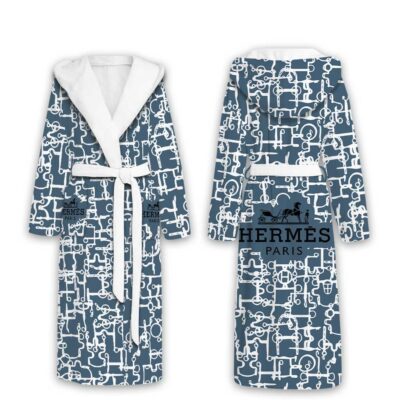 Hermes Blue Circle Pattern Luxury Unisex Flannel Hooded Bathrobe