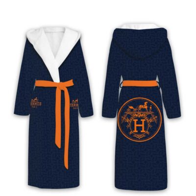 Hermes Blue Pattern Luxury Unisex Flannel Hooded Bathrobe