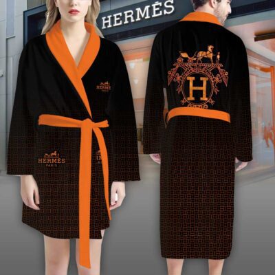 Hermes Logo Black Pattern Luxury Bathrobe 2