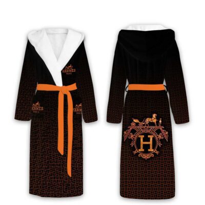 Hermes Logo Black Pattern Luxury Unisex Flannel Hooded Bathrobe