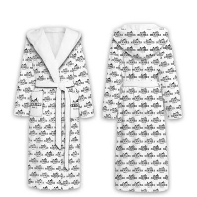Hermes Logo Pattern Luxury Unisex Flannel Hooded Bathrobe
