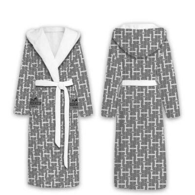 Hermes Silver H Pattern Luxury Unisex Flannel Hooded Bathrobe