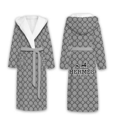 Hermes Silver Pattern Luxury Unisex Flannel Hooded Bathrobe