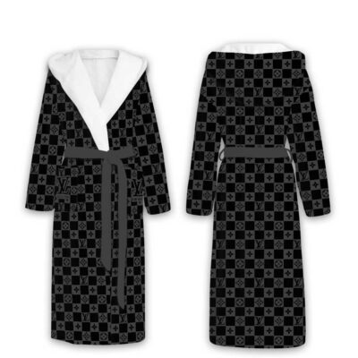 Louis Vuitton Black Checkered Pattern Luxury Unisex Flannel Hooded Bathrobe