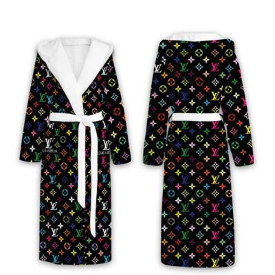 Louis Vuitton Black Colorful Pattern Luxury Unisex Flannel Hooded Bathrobe