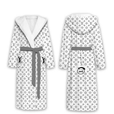 Louis Vuitton Black Pattern Travis Scott Luxury Unisex Flannel Hooded Bathrobe