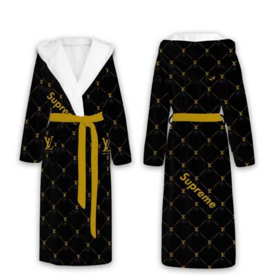 Louis Vuitton Black Supreme Pattern Luxury Unisex Flannel Hooded Bathrobe