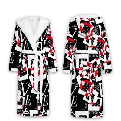 Louis Vuitton Black White Red Pattern Luxury Unisex Flannel Hooded Bathrobe