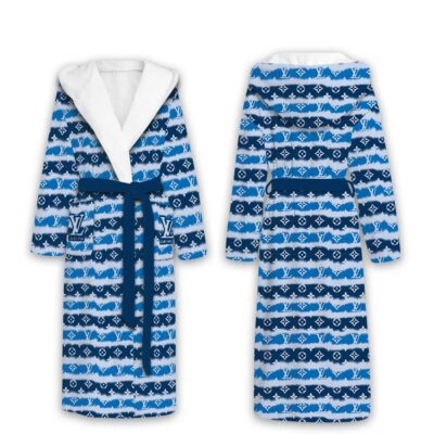 Louis Vuitton Blue Pattern Luxury Unisex Flannel Hooded Bathrobe