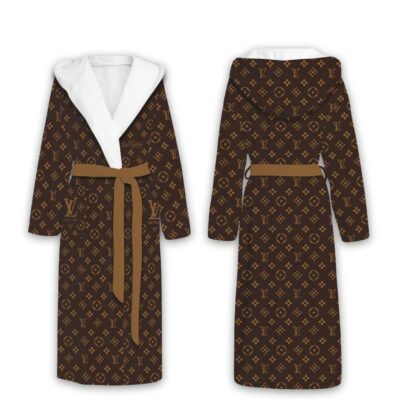Louis Vuitton Brown Pattern Luxury Unisex Flannel Hooded Bathrobe