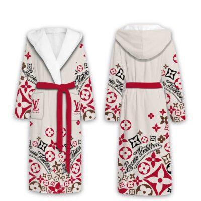 Louis Vuitton Red Pattern Luxury Unisex Flannel Hooded Bathrobe