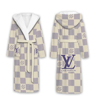 Louis Vuitton White Dots Pattern Luxury Unisex Flannel Hooded Bathrobe
