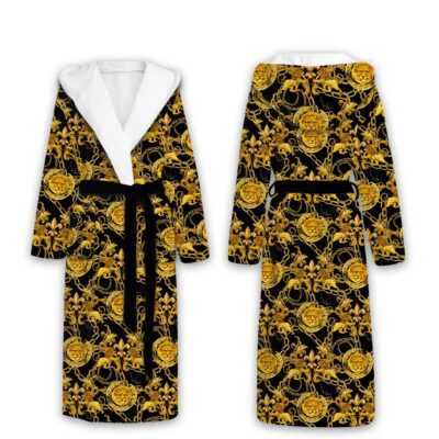 Versace Black Gold Lions Pattern Luxury Unisex Flannel Hooded Bathrobe