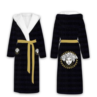 Versace Black Pattern Luxury Unisex Flannel Hooded Bathrobe