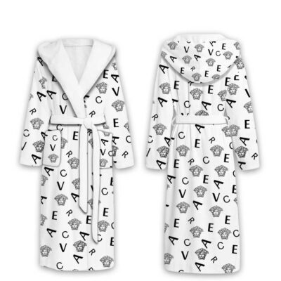 Versace Black White Pattern Luxury Unisex Flannel Hooded Bathrobe