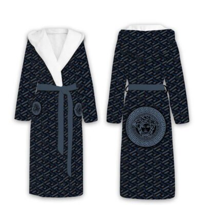 Versace Blue Manifesto Pattern Luxury Unisex Flannel Hooded Bathrobe