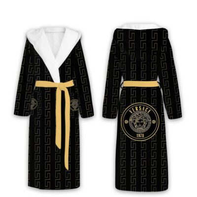 Versace Gold 1978 Pattern Luxury Unisex Flannel Hooded Bathrobe