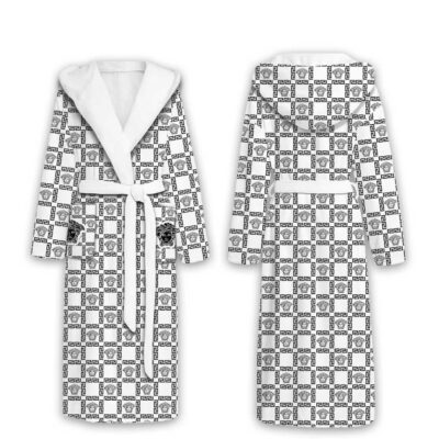 Versace White Logo Pattern Luxury Unisex Flannel Hooded Bathrobe