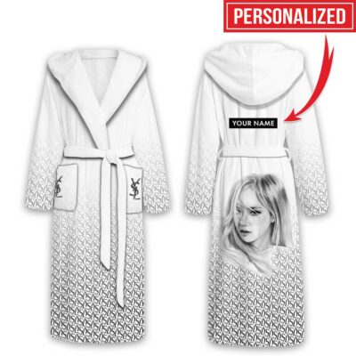 Yves Saint Laurent Black White Rose Blackpink Pattern Luxury Unisex Flannel Hooded Bathrobe 1